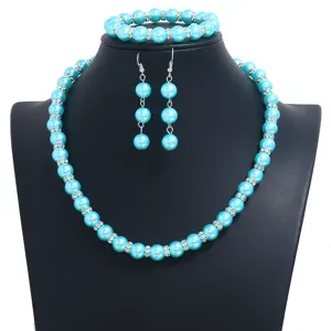 Blaues Perlen Imitat Schmuck Set mit Halskette Armband und Ohrringen Mode Accessoires