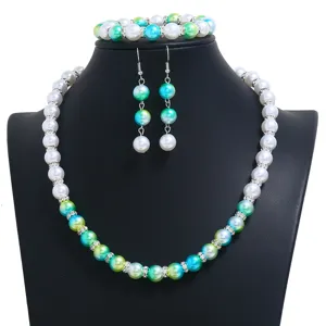 Elegantes Kunstperlen Schmuckset Halskette Armband Ohrringe Farbverlauf Mode Design