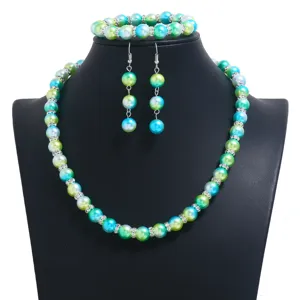 Mode Perlen Schmuck Set Halskette Armband Ohrringe mehrfarbig Kristall elegant