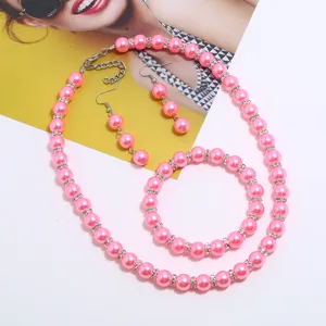 Rosa Kunstperlen Schmuckset Halskette Armband Ohrringe mit Strass Zwischenperlen