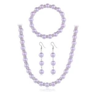 Elegantes lila Perlen Schmuckset mit Strass Abstandshaltern Halskette Armband Ohrringe.