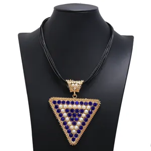 European style exaggerated fashion leather cord necklace with blue rhinestones and pearls.