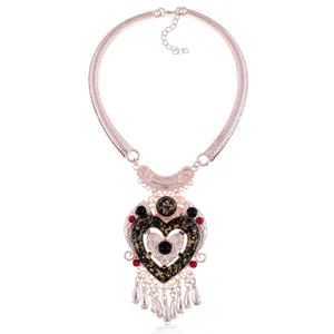 Vintage Bohemian Alloy Heart Glass Pendant Tassel Sweater Chain Necklace Women Fashion Statement Jewelry Gift