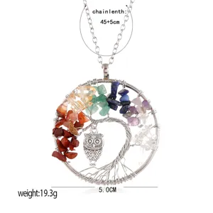Collana albero della vita fatta a mano in fil di ferro con cristalli colorati e ciondolo gufo