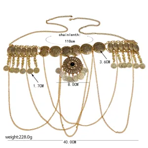 Vintage gold coin tassel waist chain body chain for beach belly dance jewelry 110cm.