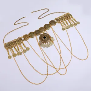Vintage gold coin waist chain, bohemian belly dance body chain with multi-layer tassels for beach.