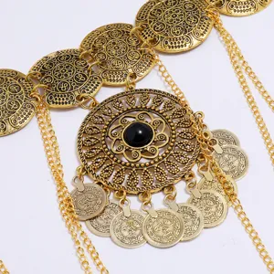 Vintage coin tassel waist chain exotic belly dance body chain detail view gold metal jewelry