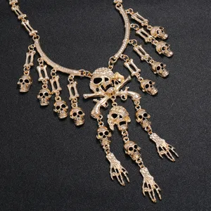 Collar de declaración gótico de calavera y huesos dorados, colgante esqueleto retro.