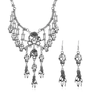 Vintage color plata calavera esqueleto collar y pendientes juego joyas góticas detalle