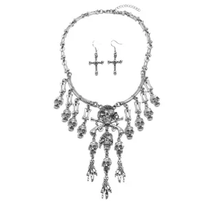 Vintage plata gótico calavera hueso collar y pendientes de cruz conjunto joyería punk.
