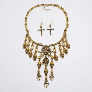 Vintage gótico oro cráneo huesos borla collar y cruz pendientes conjunto de joyas punk.