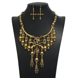 Vintage Gotico Oro Calavera Collar Y Pendientes Conjunto Punk Hueso Borla De Joyas
