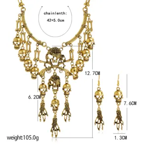 Conjunto de collar y pendientes de calavera esqueleto punk de oro vintage con medidas.