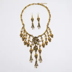 Vintage Oro Calavera Esqueleto Borla Collar Pendientes Set Joyería Gótica Punk