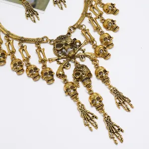 Vintage Gótico Oro Cráneo Huesos Borla Colgante Collar Punk Cadena Detalle Foto