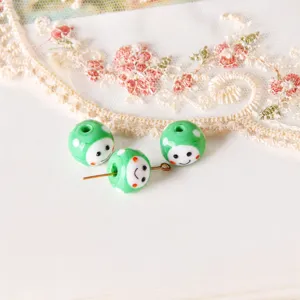 Green glass smiley face beads with white polka dots, 11x14mm DIY jewelry making loose bead.