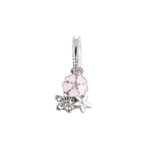 Silver tone DIY flower charm pendant with pink enamel and rhinestones for European bracelet.
