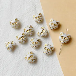 Handmade white gold-painted cat head loose beads, 12x13mm DIY jewelry making accessories.