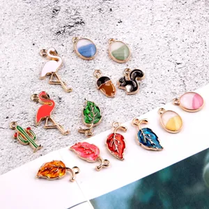 Alloy DIY jewelry charms set including leaves, flamingos, and squirrel pendants for handmade earrings.
