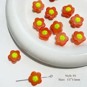 Orange glass flower bead detail shot, DIY handmade jewelry accessory, 15x15mm pendant part.