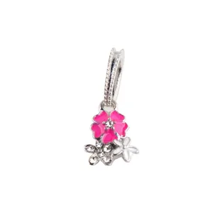Rhinestone Enamel Flower Charm Pendant for European DIY Bracelets Silver Tone Jewelry Accessory