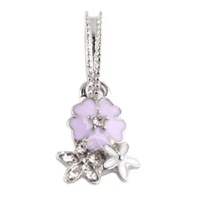 Silver enamel flower dangle charm for European DIY bracelets, sparkling rhinestone inlay.