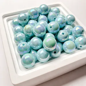 Blue resin iridescent loose beads 14mm round DIY jewelry making craft supply supplies