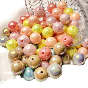 Colorful resin round beads with iridescent finish for DIY handmade jewelry phone chain crafting.