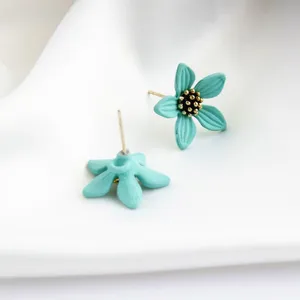 Teal mint green flower stud earrings with gold stamen DIY accessories for trendy daily wear.