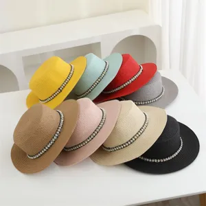 Zomer vrouwen strohoed met elegante parel band retro platte rand strand zonbescherming