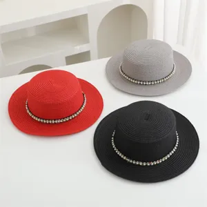 Franse elegante strohoed voor dames met parels, retro strand zonnekap hoed voor de zomer