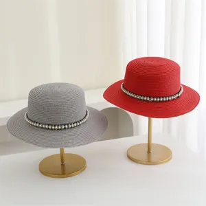 Zomer vrouwen strohoed platte rand elegante parel band strand zonbescherming hoed zon