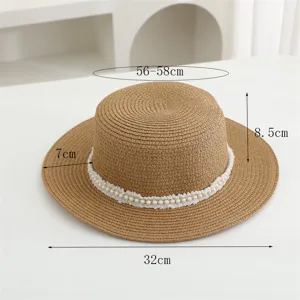 Sombrero de paja para mujer con cinta de perlas, sombrero de sol playa verano, talla 56-58cm.