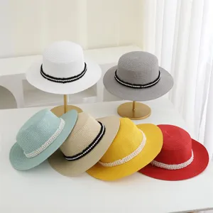 Sombrero de paja con perlas para mujer, sombrero de verano playa, visera casual coreana.