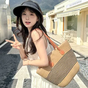 French pastoral straw woven tote bag, large capacity striped shoulder bag for beach summer.