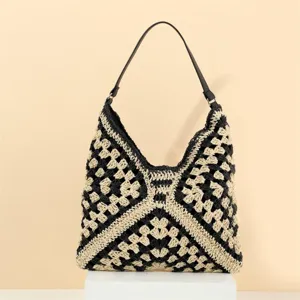 Handmade crochet shoulder bag stylish black beige woven hobo handbag for summer beach resort