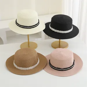 Sombrero de paja plano para mujer con perla y cinta, elegante sombrero de sol de verano.