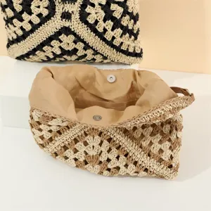 Handmade crochet woven shoulder bag with fabric lining and magnetic snap closure for casual summer beach.