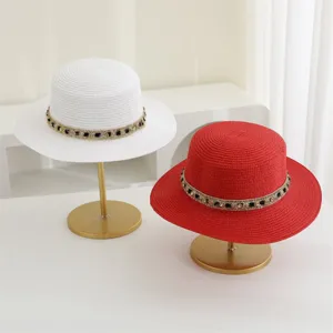 Sombrero de paja plano de verano para mujer con cinta decorativa, sombrero de sol de playa.