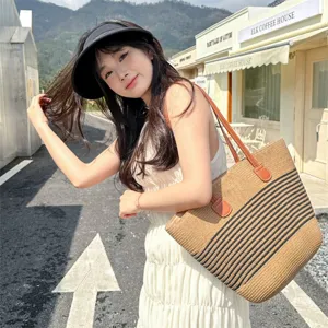 Straw tote bag for women summer beach travel large capacity striped shoulder handbag casual.
