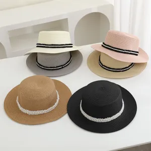 Sombrero de Paja de Mujer Verano Playa Ala Ancha Con Cinta de Perlas Vacaciones Casual Protección UV Sombrero de Sol Moda Femenina