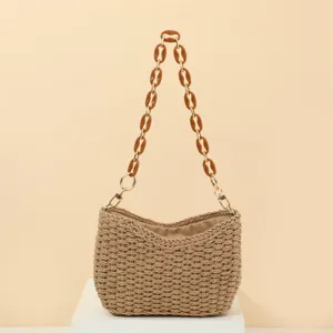 Handmade crochet woven shoulder bag stylish beach vacation straw bag for women daily use