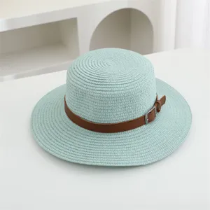 Damen Mode mintgrüne Strohhut flache Oberseite breite Krempe Sommer Strand Urlaub neu
