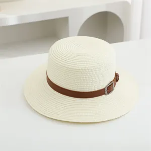 Damen flacher Oberteil Strohhut breite Krempe Sommer Strand Sonnenhut Urlaubsaccessoire
