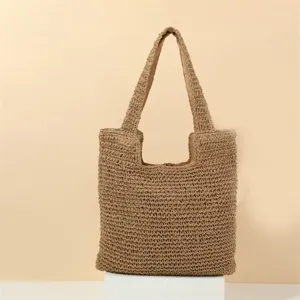 Handmade crochet woven straw shoulder bag, casual beach tote for women's summer vacation.