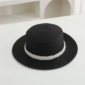 Sombrero de paja negro para mujer con cinta de perlas, elegante sombrero de sol de verano.