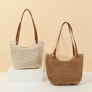 Handmade crochet woven shoulder bag, stylish casual seaside beach tote for women daily use.