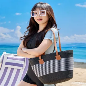 Summer beach straw tote bag, large capacity black and white striped shoulder bag for women.