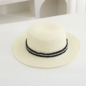 Sombrero de paja mujer verano con encaje negro y cinta de perlas playa vacaciones sombrero