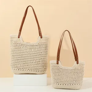 Handmade crochet woven shoulder bag set with brown leather straps for beach vacation and daily use
